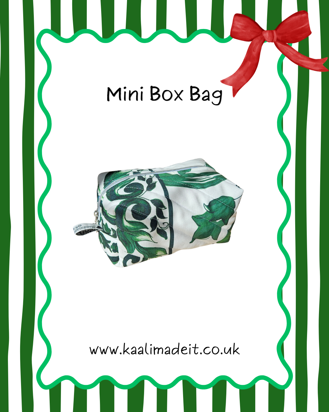 A mini box bag with a green and white floral baroque pattern, shown on a white background with a green wavy border, green vertical stripes, a red bow, and the text 'Mini Box Bag' and 'www.kaalimadeit.