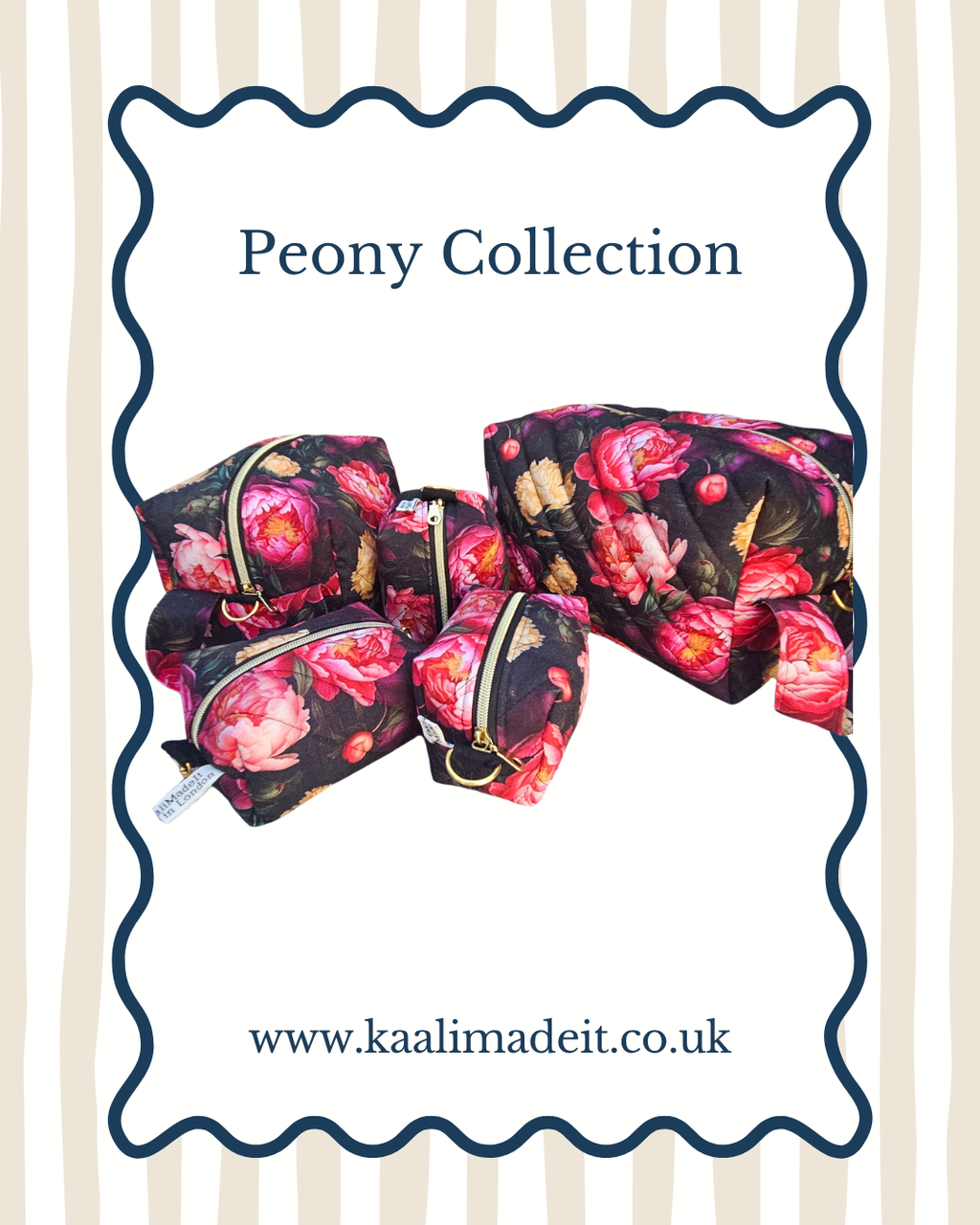 A set of floral makeup pouches from the Peony Collection by Kaalimadeit, featuring a black background with vibrant pink and red peony flowers, presented on a white card with a navy blue border and striped background.