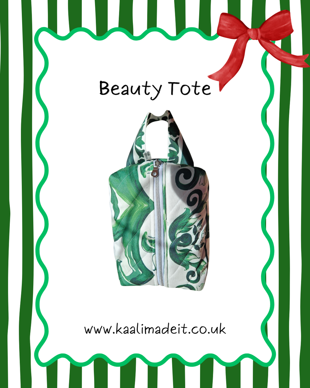 A beauty tote bag with a green and black damask baroque pattern on a white background, centered on a white card with a green wavy border, green vertical stripes, a red bow, and the text 'Beauty Tote' and 'www.kaalimadeit.