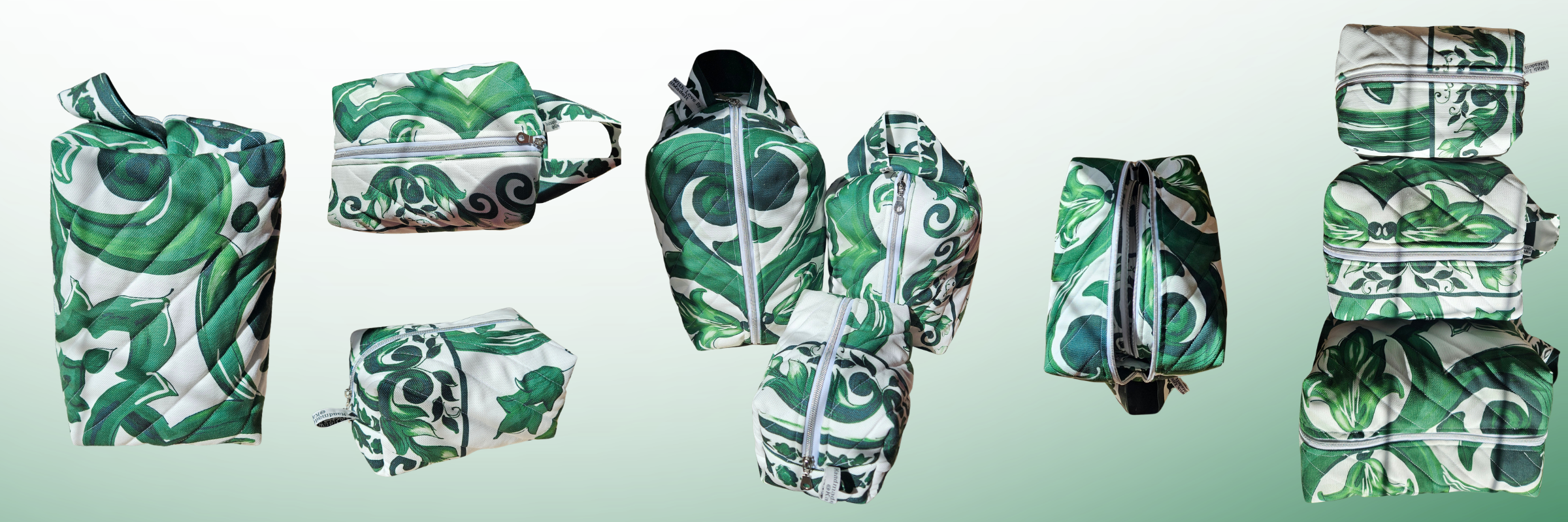 Green and white patterned bags on a light green background