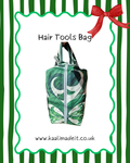 A hair tools bag with a green and white marbled baroque pattern, shown against a white background with a green wavy border, green vertical stripes, a red bow, and the text 'Hair Tools Bag' and 'www.kaalimadeit.