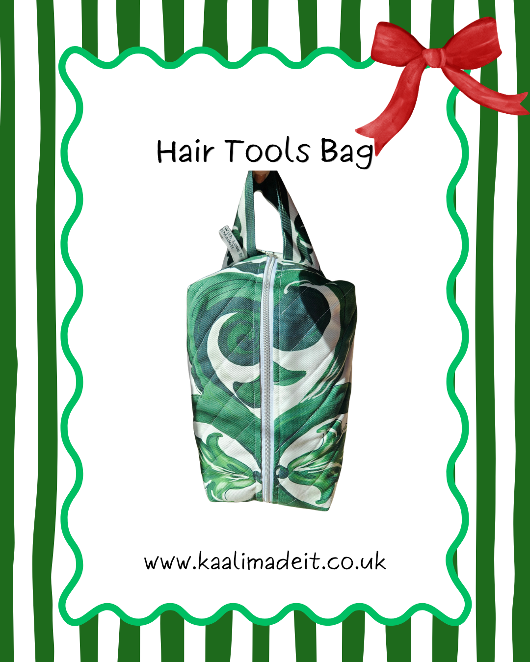 A hair tools bag with a green and white marbled baroque pattern, shown against a white background with a green wavy border, green vertical stripes, a red bow, and the text 'Hair Tools Bag' and 'www.kaalimadeit.