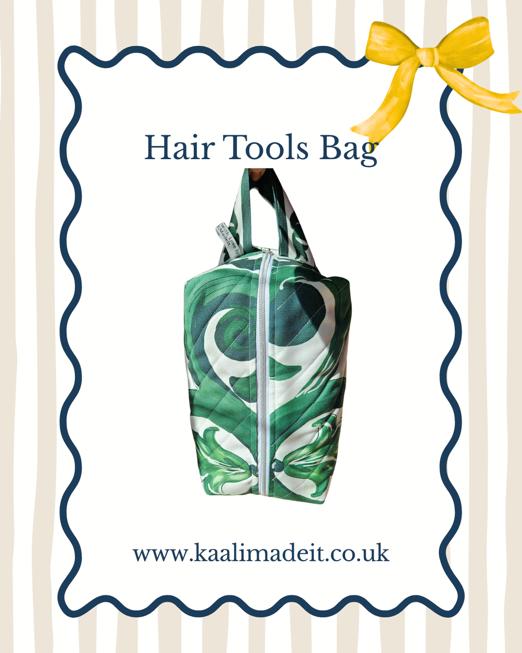 A hair tools bag with a green, white, and dark teal marbled pattern, featuring a silver zipper and top handles. The bag is presented on a white background with a decorative navy blue scalloped border, a yellow bow graphic, and the text 'Hair Tools Bag' along with the website 'www.
