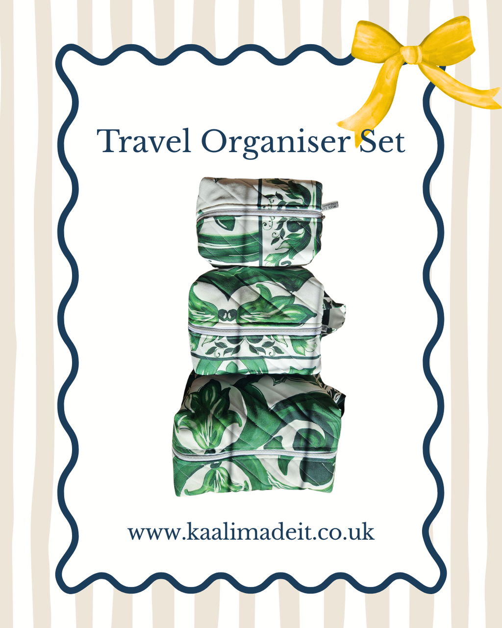 A travel organiser set consisting of three matching zippered pouches with a green and white damask pattern, presented on a white background with a blue wavy border, a yellow bow graphic, and the text 'Travel Organiser Set' and 'www.kaalimadeit.