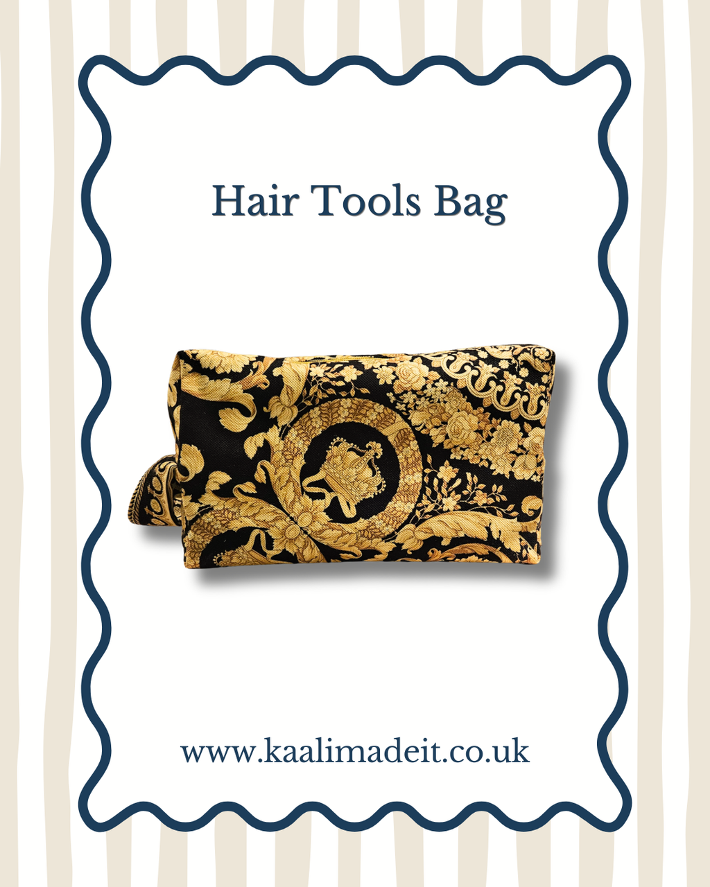 A black and gold patterned hair tools bag shown on a white card with a blue scalloped border, with the text 'Hair Tools Bag' and the website 'www.kaalimadeit.