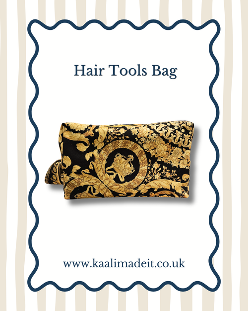 A black and gold patterned hair tools bag shown on a white card with a blue scalloped border, with the text 'Hair Tools Bag' and the website 'www.kaalimadeit.