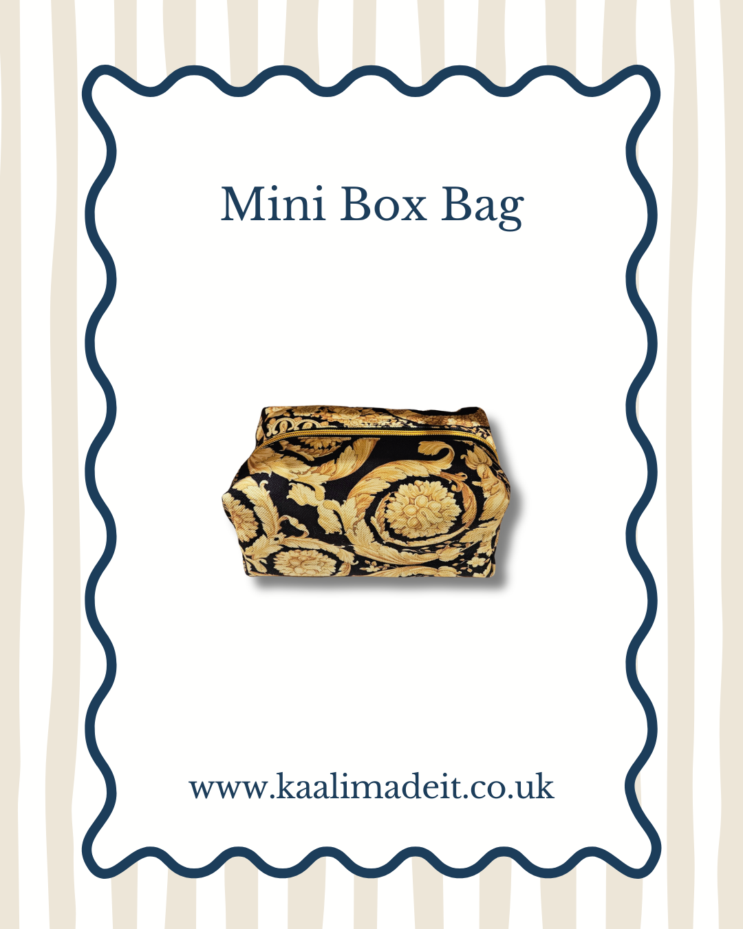A mini box bag with a black and gold baroque scroll pattern, presented on a white card with a wavy blue border. The card features the text 'Mini Box Bag' at the top and 'www.