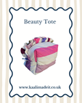 handmade beauty tote bag made from striped pink, purple, and cream fabric, presented inside a decorative white border with the text 'Beauty Tote' and the website 'www.kaalimadeit.co.uk