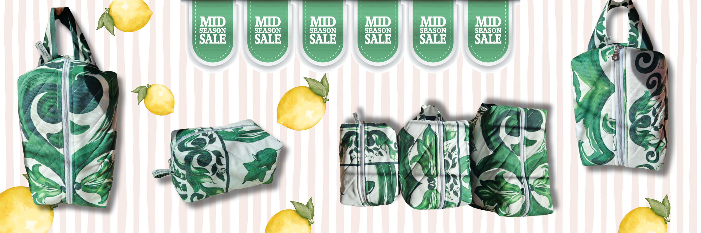 Green and white patterned handbags with lemons on a striped background