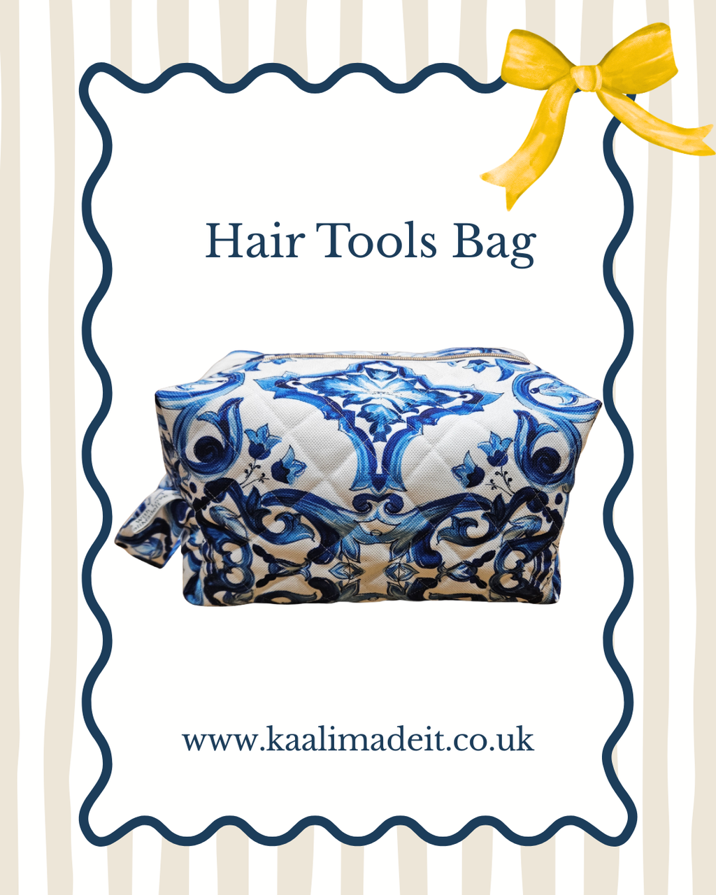 A quilted hair tools bag with a blue and white damask pattern, presented inside a decorative wavy border frame with a yellow ribbon graphic and the text 