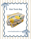 A fabric hair tools bag with a yellow lemon and blue-gray stripe pattern, shown on a white background with a decorative blue border, text reading 'Hair Tools Bag,' and the website 'www.kaalimadeit.