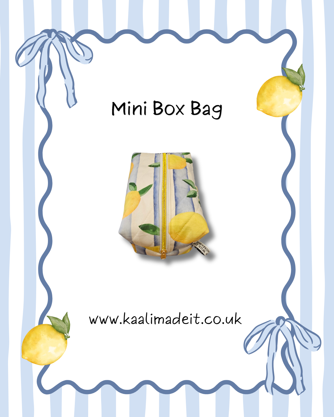 A mini box bag with a yellow and green lemon print, centered on a white background with a blue wavy border, bows, lemons, and the text 'Mini Box Bag' and 'www.kaalimadeit.