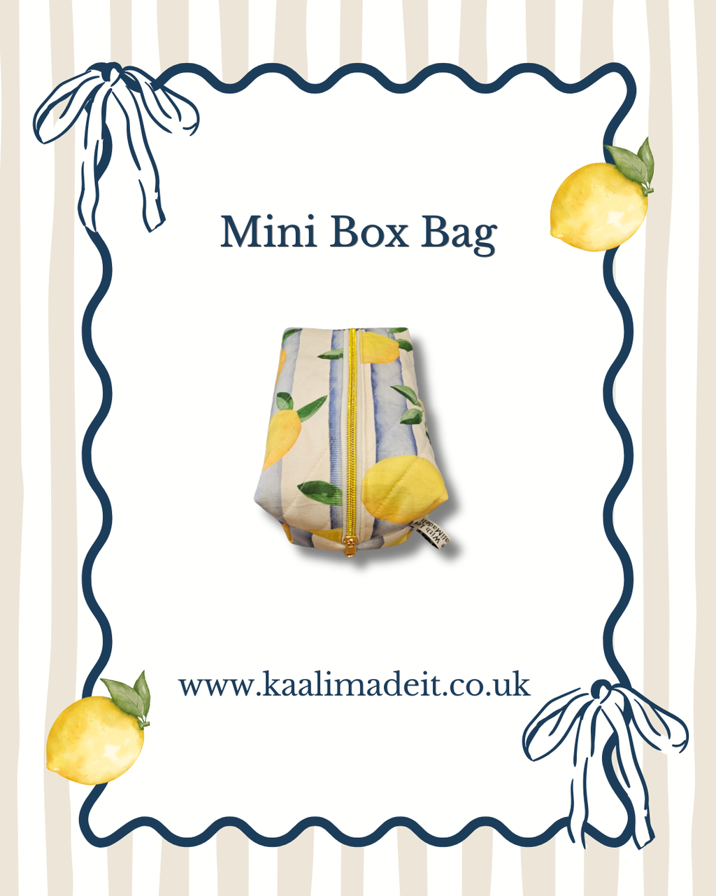 A mini zip box bag with a yellow and green lemon print, centered on a white background with a navy blue wavy border, lemon illustrations, and the text 'Mini Box Bag' and 'www.kaalimadeit.
