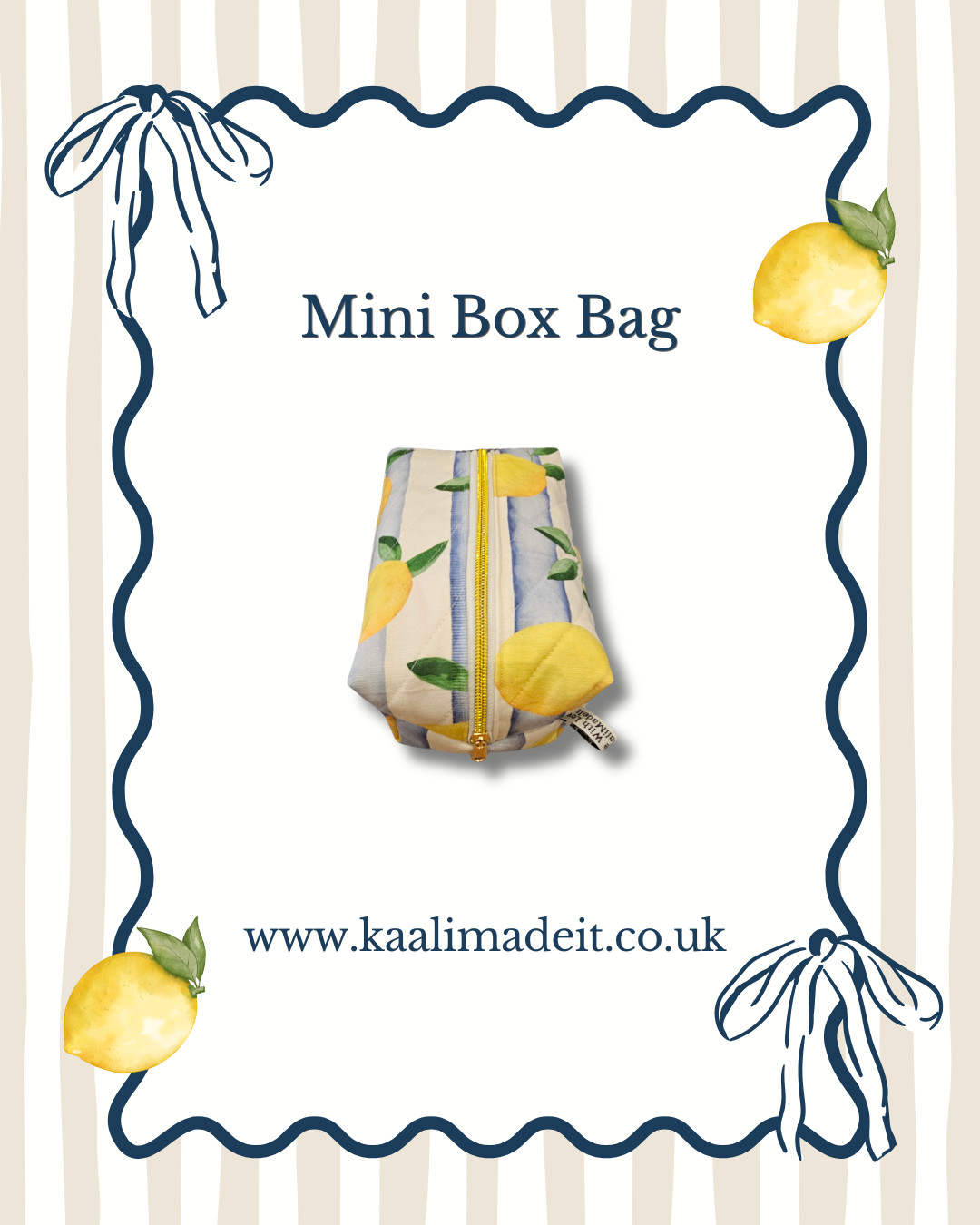 A mini zip box bag with a yellow and green lemon print, centered on a white background with a navy blue wavy border, lemon illustrations, and the text 'Mini Box Bag' and 'www.kaalimadeit.