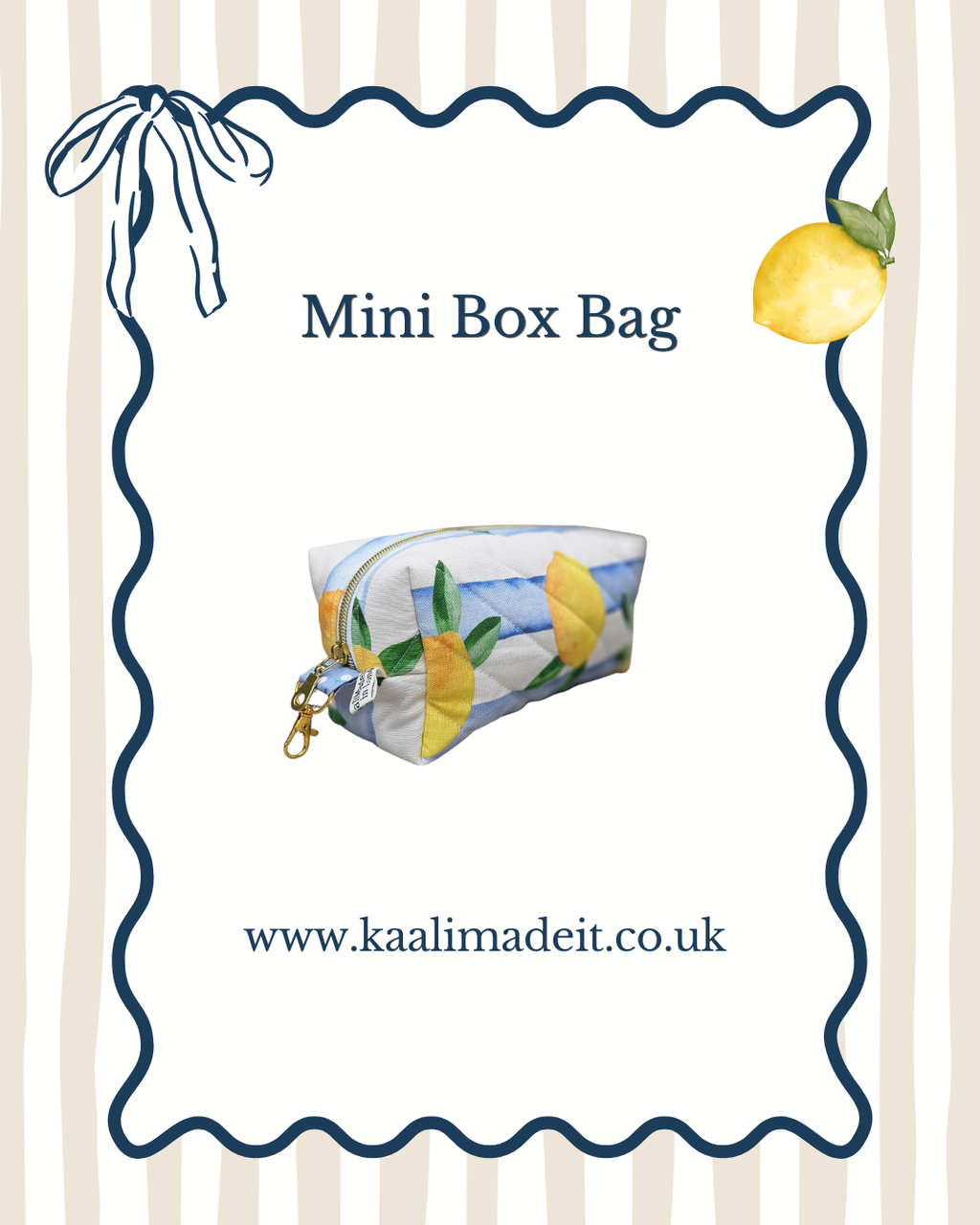 A product listing graphic for a mini box bag. The central subject is a small zippered pouch featuring a watercolor print of lemons on a light blue and white striped background.