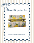 A travel organizer set featuring a striped and lemon print fabric pouch, presented on a white card with a blue wavy border and the text 'Travel Organiser Set' and 'www.kaalimadeit.