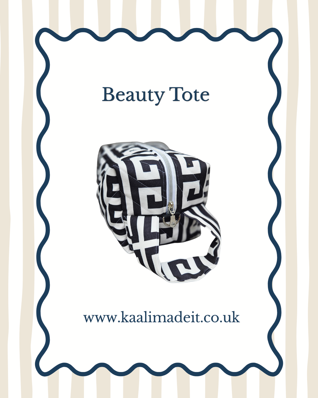 A black and white patterned fabric beauty tote bag with a Greek key design, presented on a white card with a blue wavy border. The text 'Beauty Tote' is written at the top, and the website 'www.