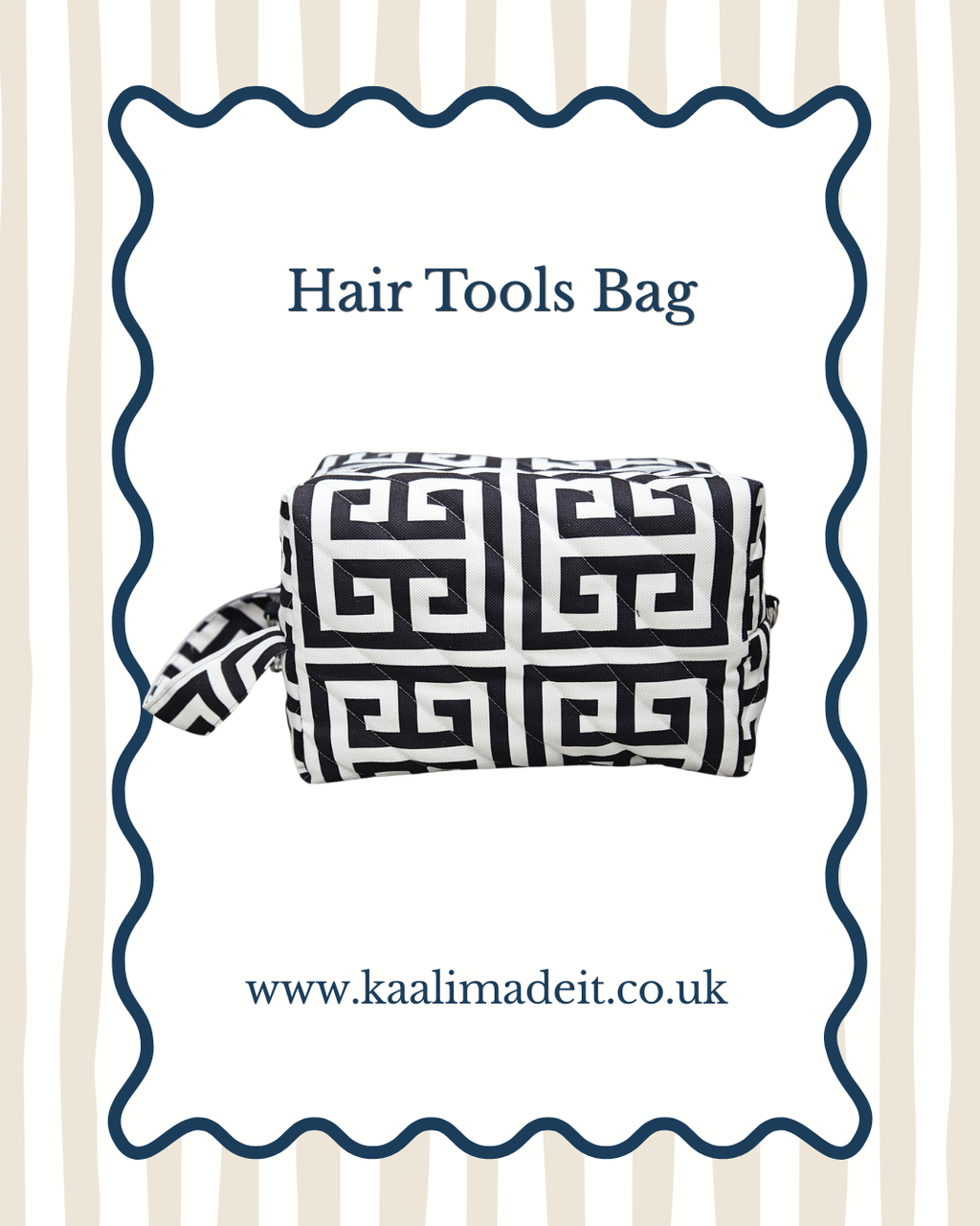 A black and white Greek key patterned hair tools bag shown on a white background with a navy blue wavy border, the text 'Hair Tools Bag' above it, and the website 'www.kaalimadeit.
