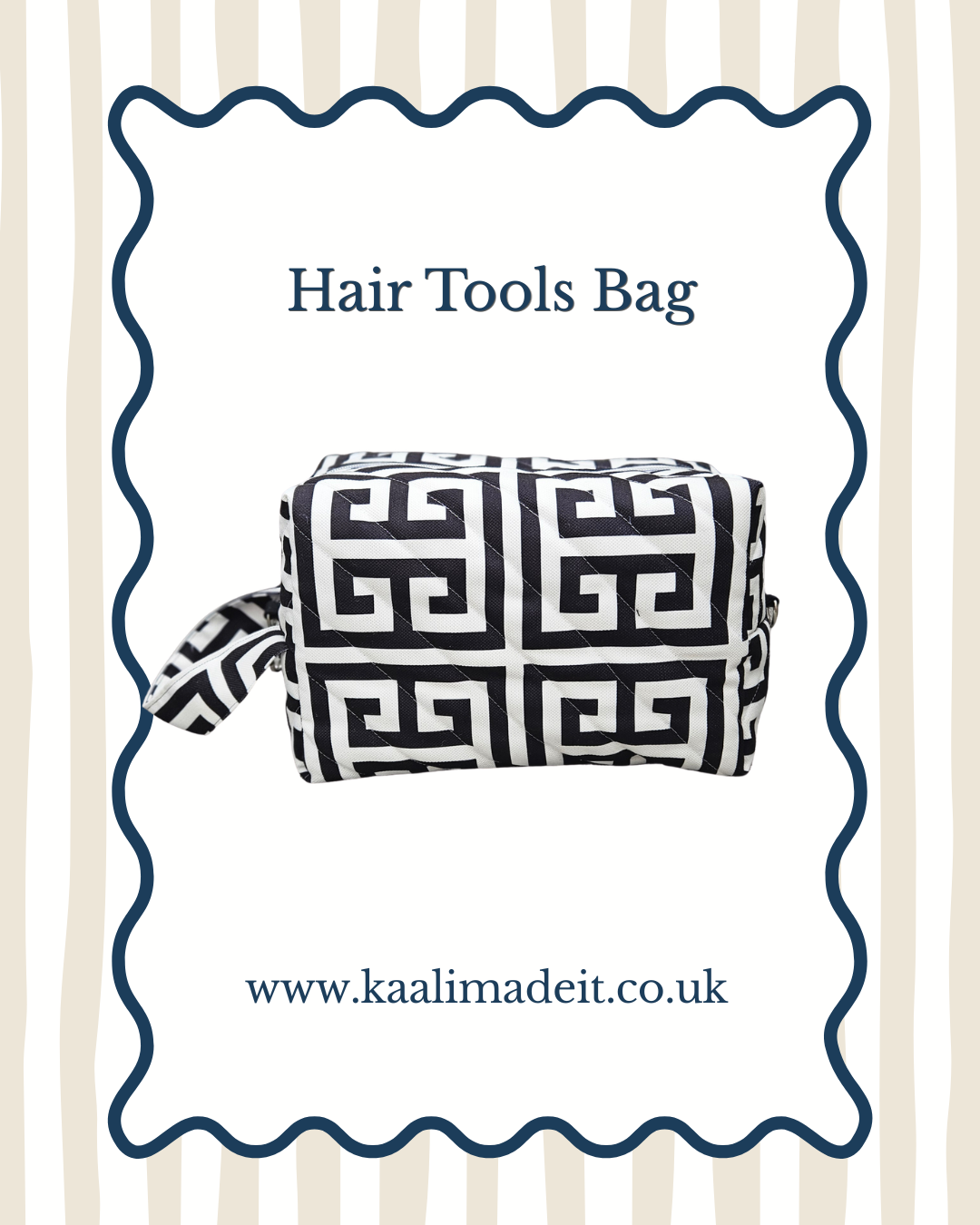 A black and white Greek key patterned hair tools bag shown on a white background with a navy blue wavy border, the text 'Hair Tools Bag' above it, and the website 'www.kaalimadeit.