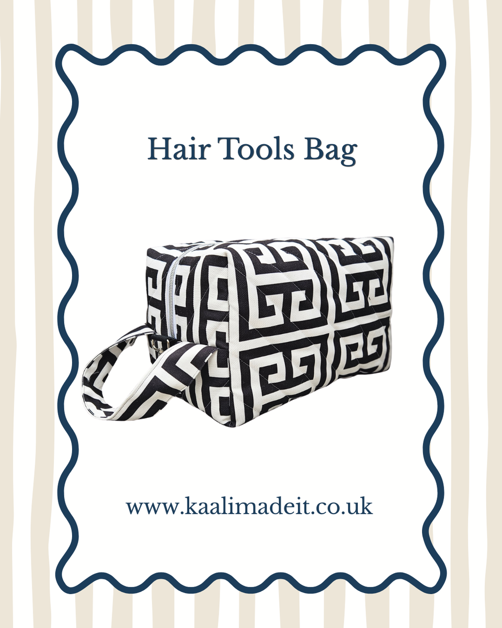 A black and white Greek key patterned hair tools bag with a matching handle, shown on a white background with a navy blue wavy border and the text 'Hair Tools Bag' and 'www.kaalimadeit.