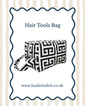 A black and white Greek key patterned hair tools bag with a matching handle, shown on a white background with a navy blue wavy border and the text 'Hair Tools Bag' and 'www.kaalimadeit.