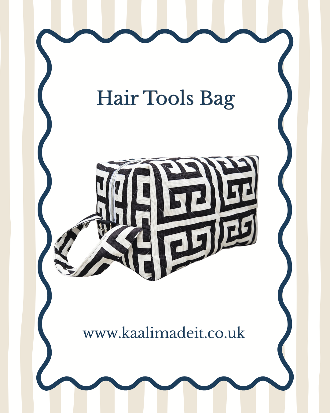 A black and white Greek key patterned hair tools bag with a matching handle, shown on a white background with a navy blue wavy border and the text 'Hair Tools Bag' and 'www.kaalimadeit.
