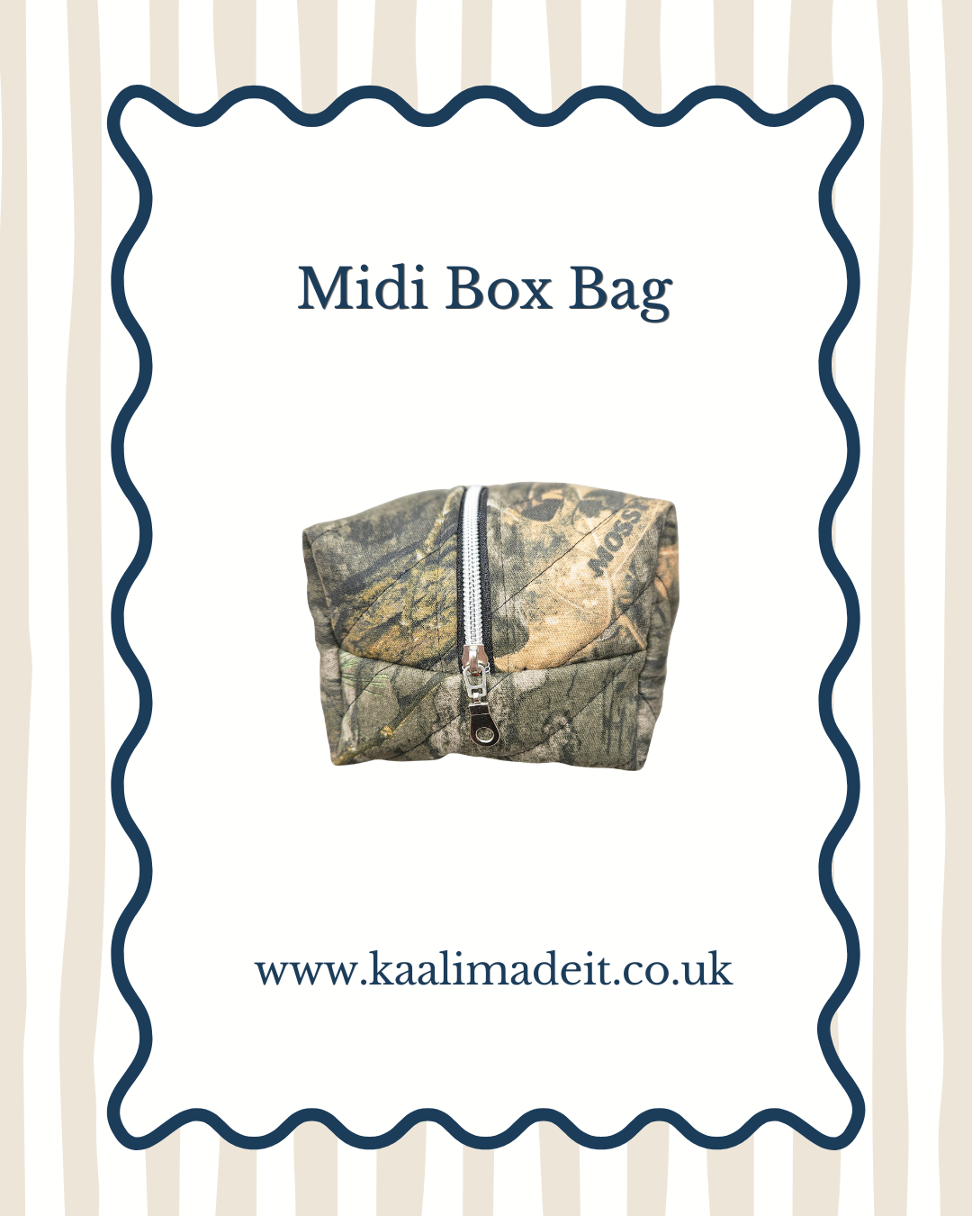 A midi box bag with a woodland camouflage print and a silver zipper, shown on a white background with a dark blue scalloped border and text reading 'Midi Box Bag' and 'www.kaalimadeit.