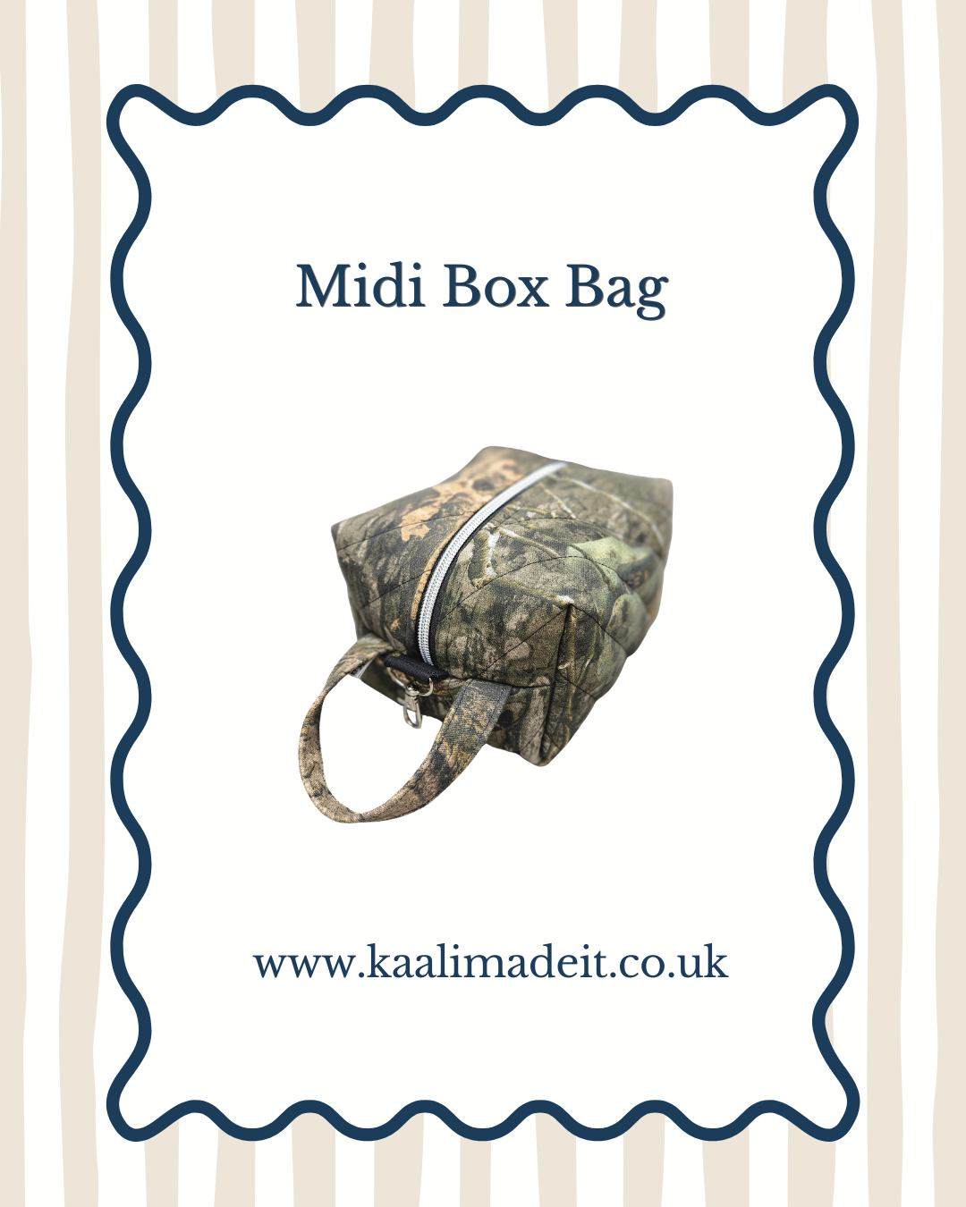 A camouflage midi box bag with a top zipper and carrying handle, centered on a white background with a navy scalloped border, the text 'Midi Box Bag,' and the website 'www.kaalimadeit.