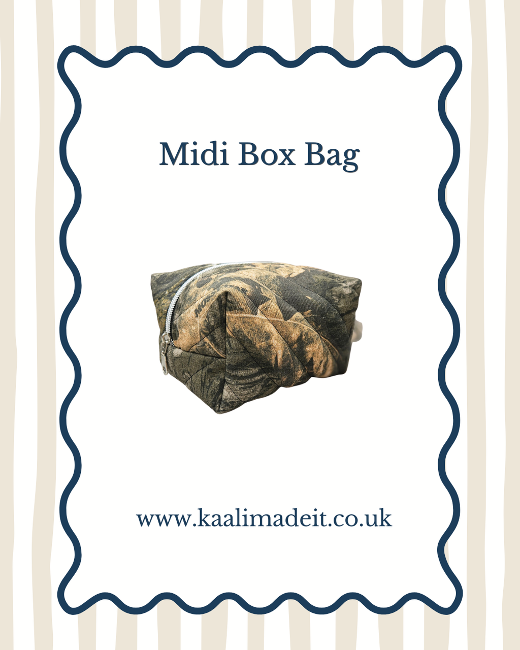A quilted midi box bag with a woodland camouflage pattern, presented on a white card with a blue scalloped border. The text 'Midi Box Bag' is printed above the bag, and the website 'www.