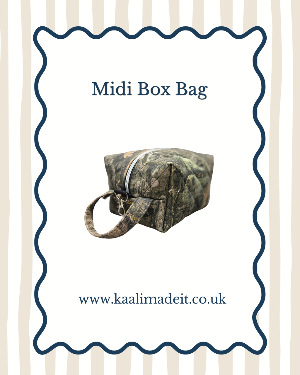 A midi box bag in a woodland camouflage pattern, shown with a navy blue wavy border and text overlay on a white background with beige vertical stripes.