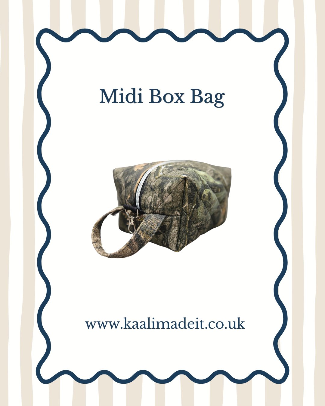 A midi box bag in a woodland camouflage pattern, shown with a navy blue wavy border and text overlay on a white background with beige vertical stripes.