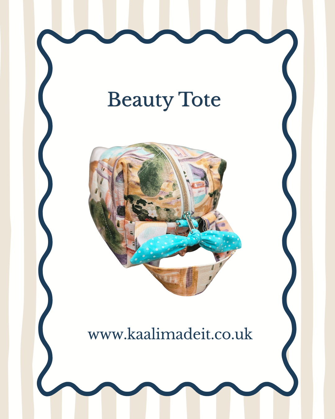 A fabric beauty tote bag with a vintage-style landscape print, featuring a turquoise blue polka-dot bow on the front. The bag is presented on a white background with a dark blue scalloped border, containing the text 'Beauty Tote' and the website 'www.