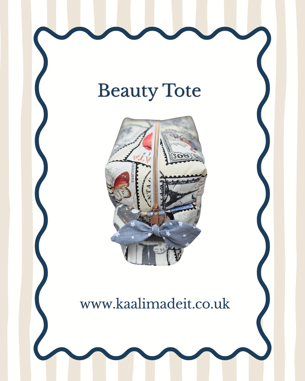 A fabric beauty tote bag with a vintage postage stamp print and a star print bow, presented on a white background with a navy blue scalloped border and the text 'Beauty Tote' and 'www.kaalimadeit.