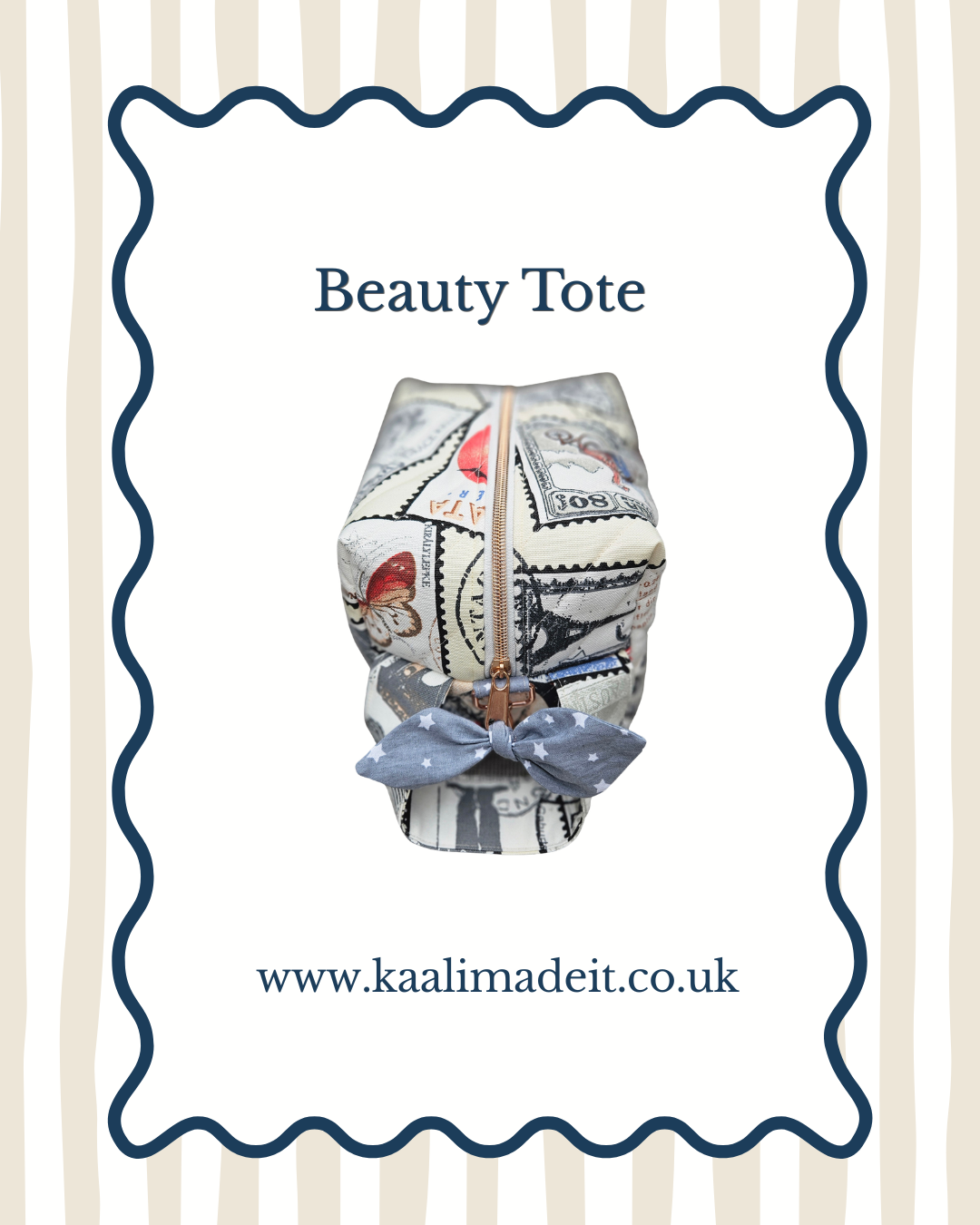 A fabric beauty tote bag with a vintage postage stamp print and a star print bow, presented on a white background with a navy blue scalloped border and the text 'Beauty Tote' and 'www.kaalimadeit.