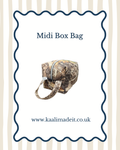 A product listing graphic for a 'Midi Box Bag' featuring a camouflage print zippered pouch in the center, surrounded by a dark blue scalloped border on a white background with light beige vertical stripes.