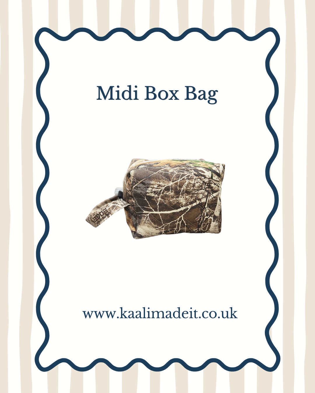 A product listing graphic for a 'Midi Box Bag' featuring a camouflage print zippered pouch in the center, surrounded by a dark blue scalloped border on a white background with light beige vertical stripes.