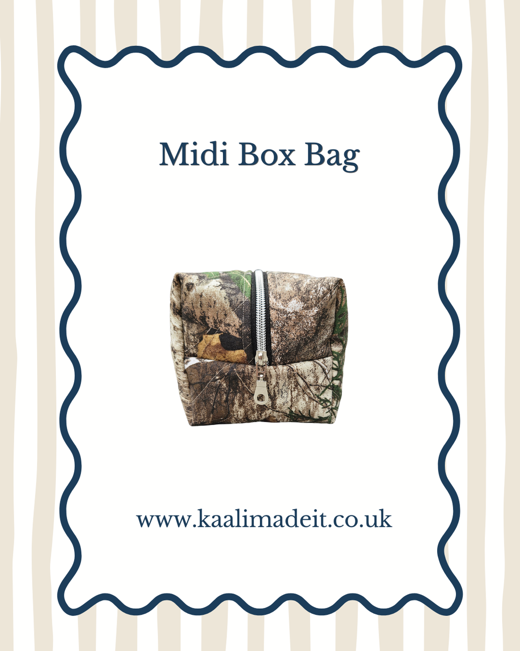 A product listing graphic for a 'Midi Box Bag' featuring a camouflage print zippered pouch in the center, surrounded by a dark blue scalloped border on a white background with light beige vertical stripes.