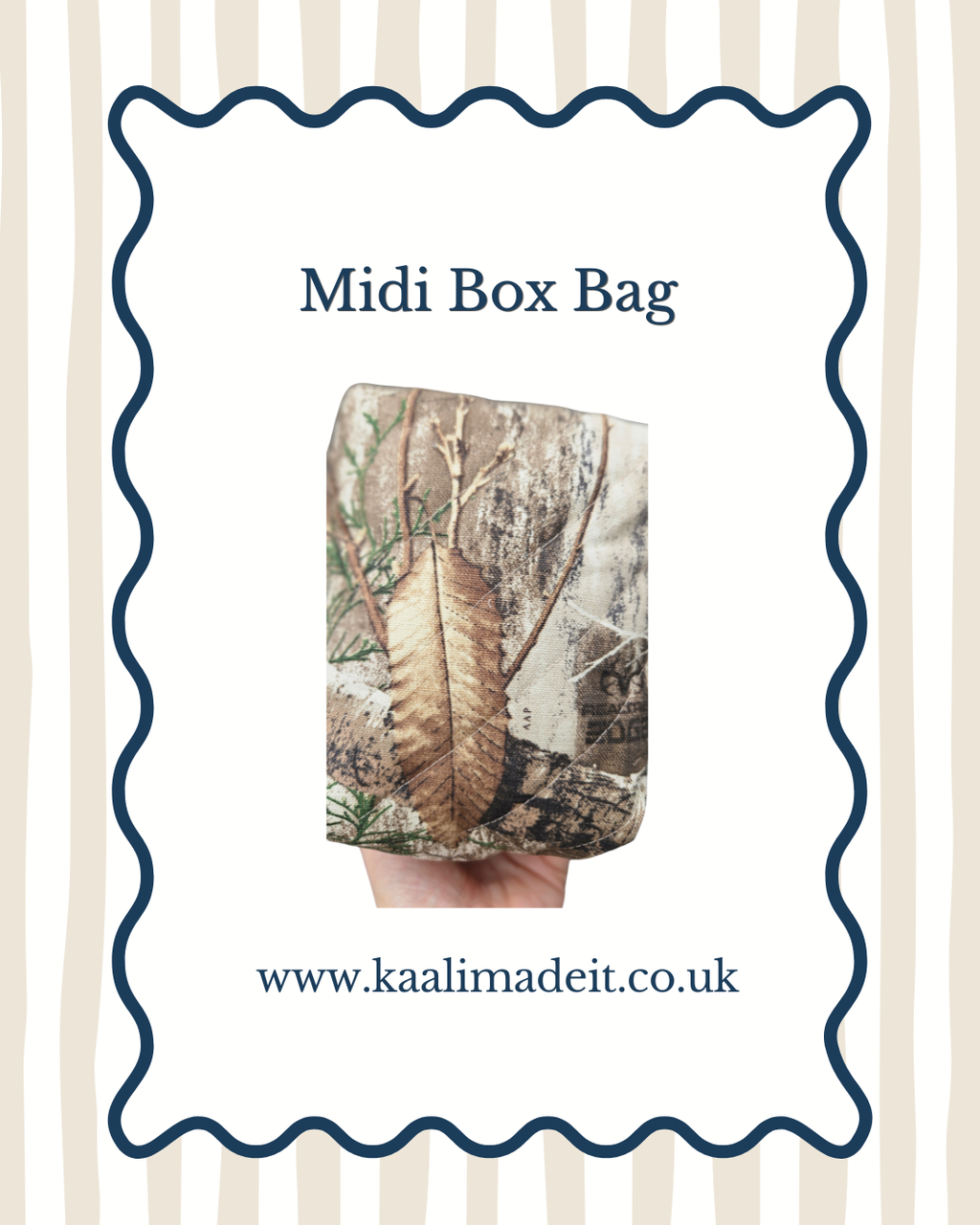 A product presentation of a 'Midi Box Bag' featuring a woodland camouflage pattern with a large brown leaf. The bag is held by a hand, with a graphic frame containing the text 'Midi Box Bag' and the website 'www.