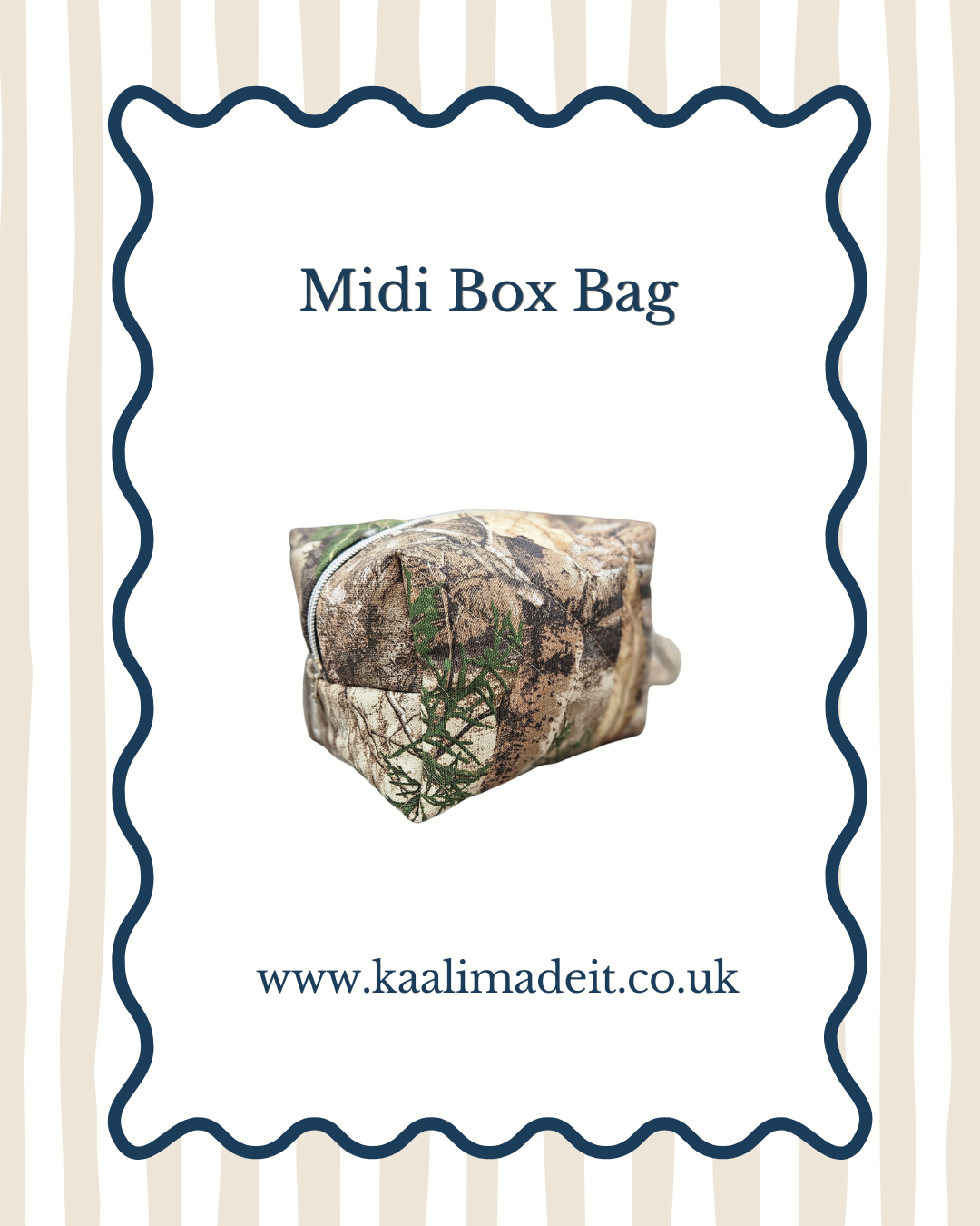 A product listing graphic for a 'Midi Box Bag' featuring a camouflage print pouch with a green pine branch detail, set against a white background with a dark blue wavy border and the website 'www.kaalimadeit.