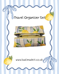 A travel organizer set featuring a striped and lemon-patterned pouch, presented in a decorative graphic layout with blue bows, lemons, and the text 'Travel Organiser Set' and 'www.kaalimadeit.