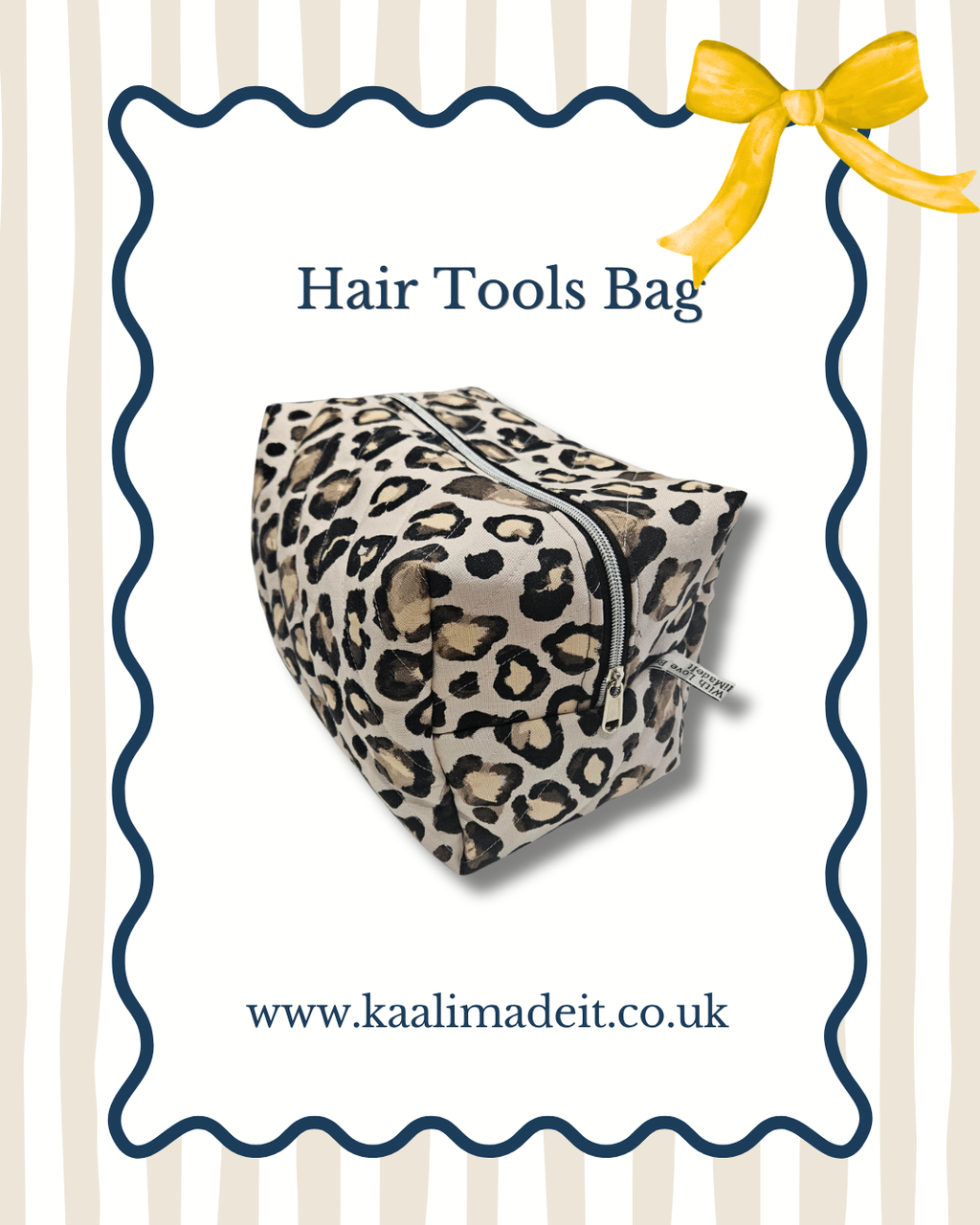 A leopard print hair tools bag with a top zipper, presented on a white background with a blue scalloped border, a yellow bow, and the text 'Hair Tools Bag' and 'www.kaalimadeit.