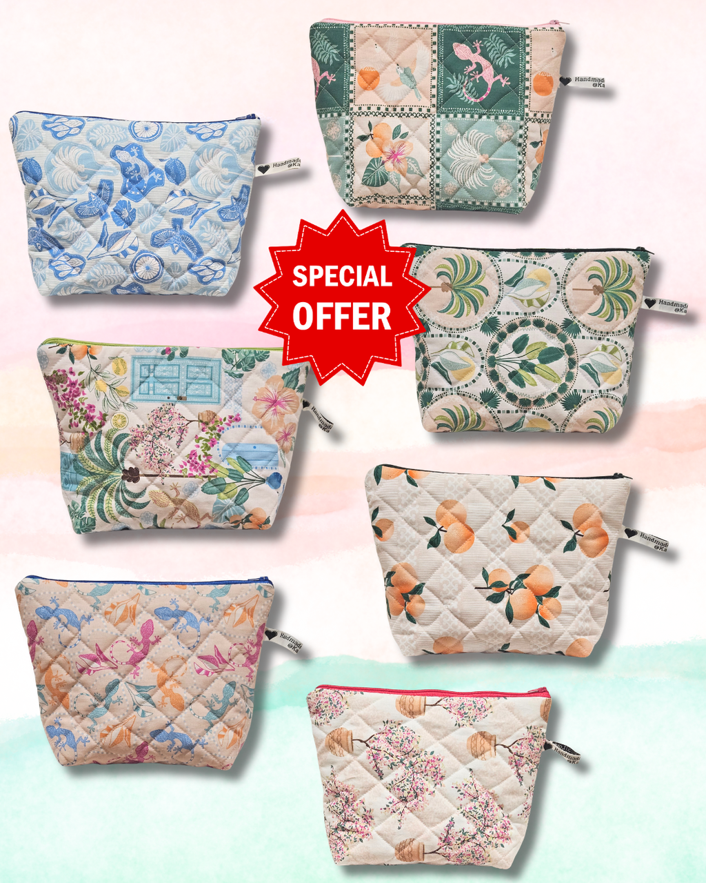 Set of floral patterned pouches with a 'Special Offer' label on a gradient background