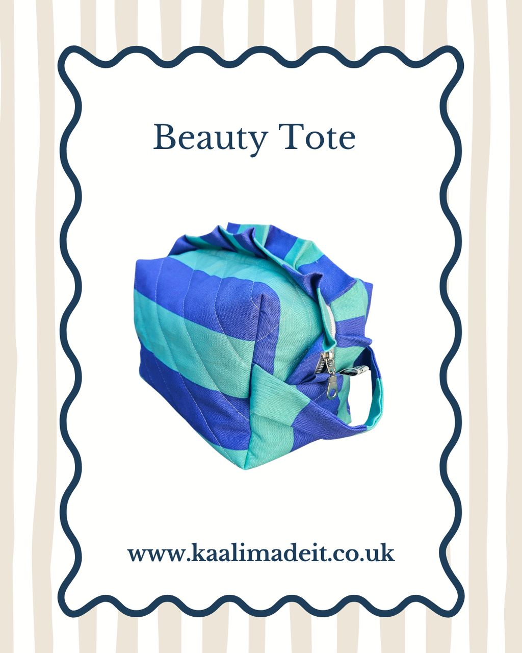 A quilted fabric beauty tote bag in blue and green stripes, presented on a white card with a navy blue scalloped border. The text 'Beauty Tote' is written at the top, and the website 'www.