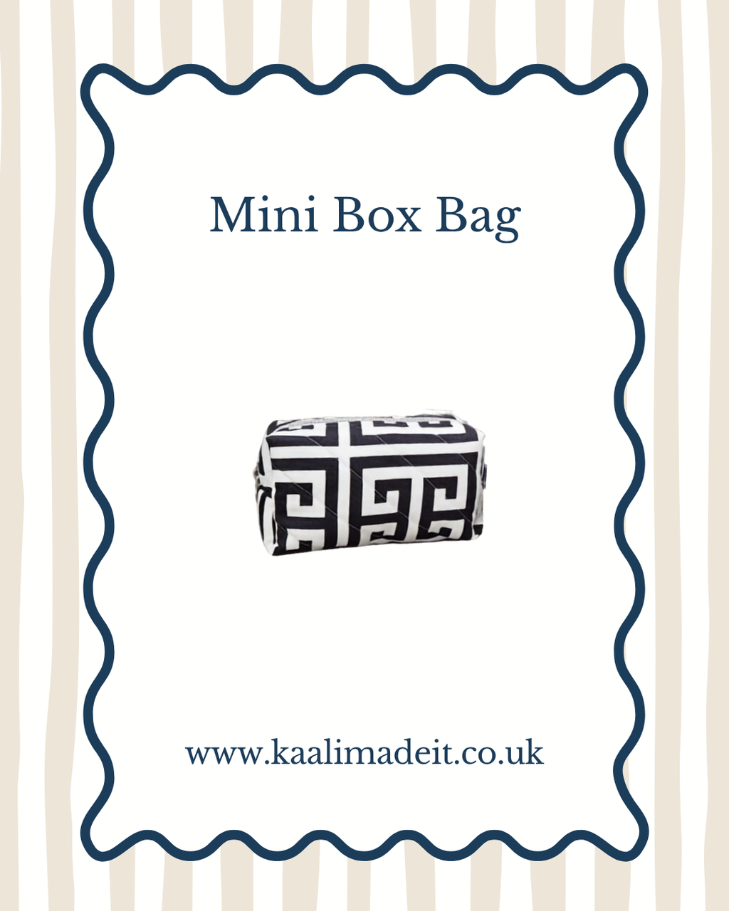 A mini box bag with a black and white Greek key pattern, centered on a white card with a wavy blue border. The text reads 'Mini Box Bag' and 'www.