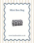 A mini box bag with a black and white Greek key pattern, centered on a white card with a wavy blue border. The text reads 'Mini Box Bag' and 'www.