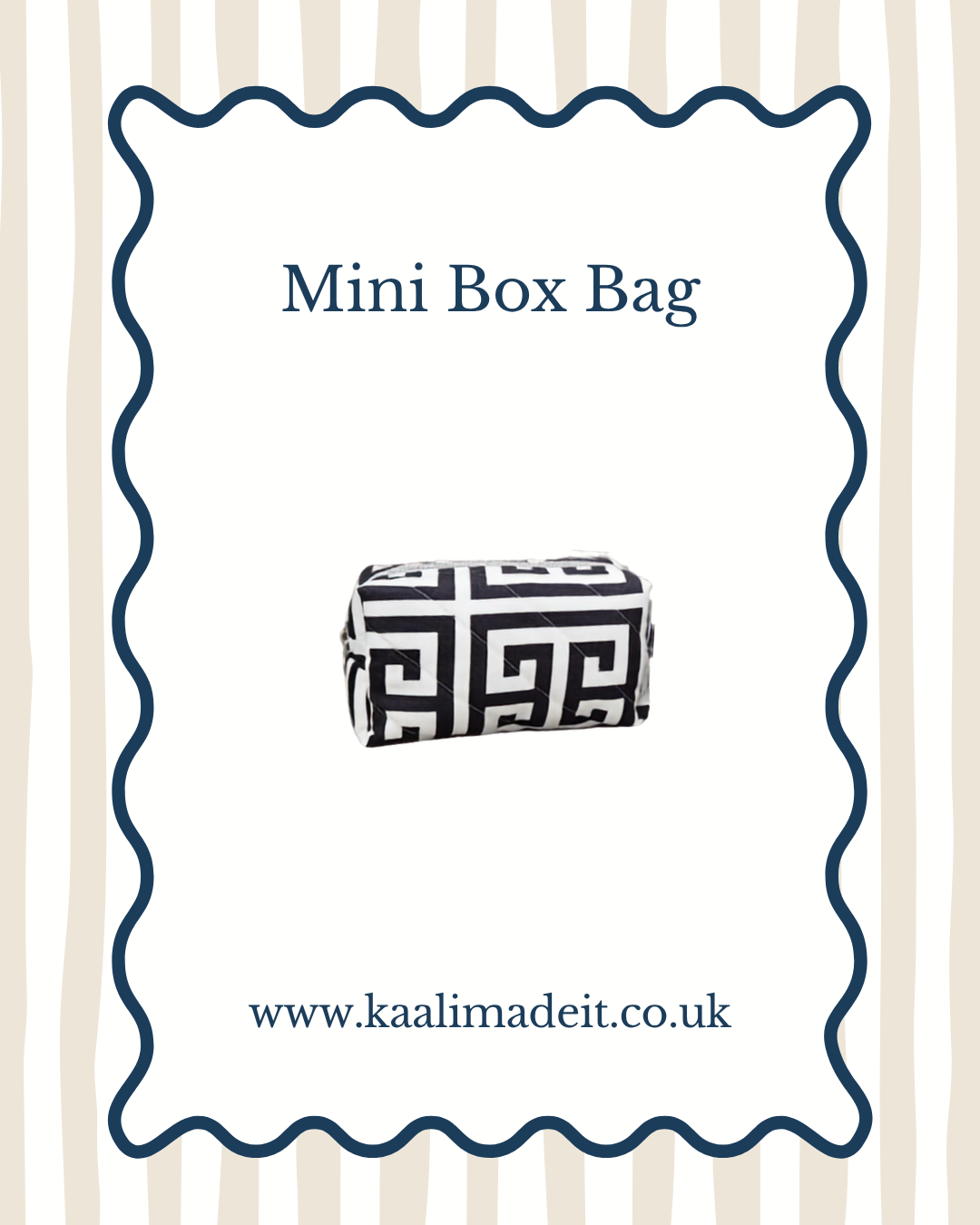 A mini box bag with a black and white Greek key pattern, centered on a white card with a wavy blue border. The text reads 'Mini Box Bag' and 'www.