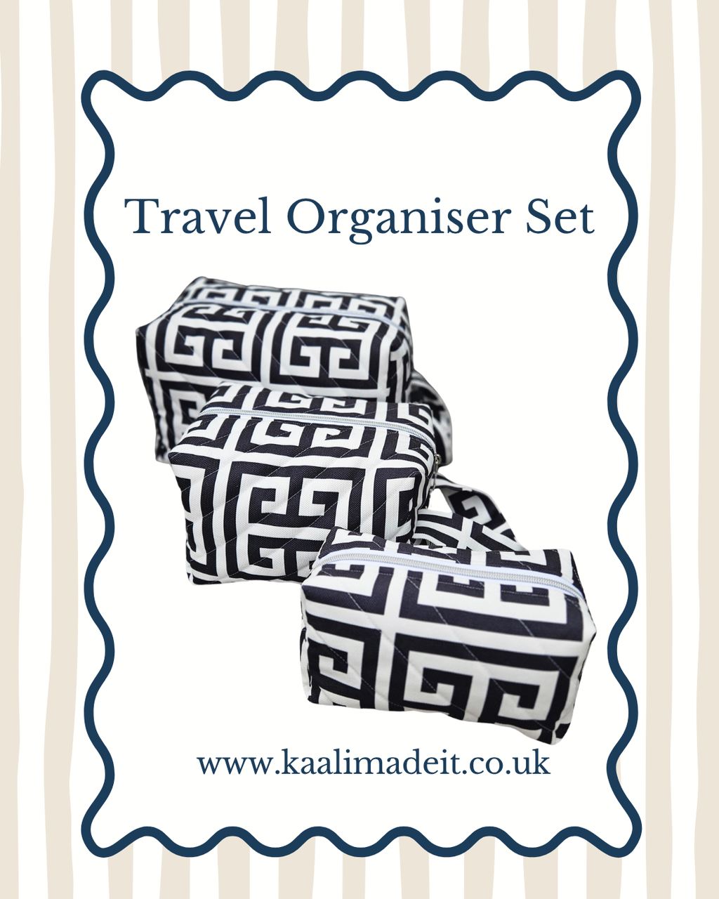Three rectangular travel organizer pouches with a black and white Greek key pattern, presented inside a decorative wavy border with the text 'Travel Organiser Set' and the website 'www.kaalimadeit.