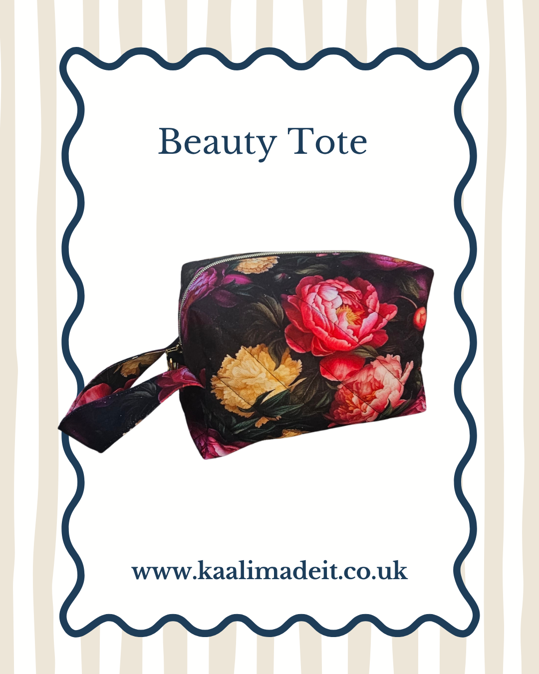 A fabric beauty tote bag with a dark floral peony print featuring pink, red, and yellow peonies on a black background, displayed on a white card with a blue scalloped border 