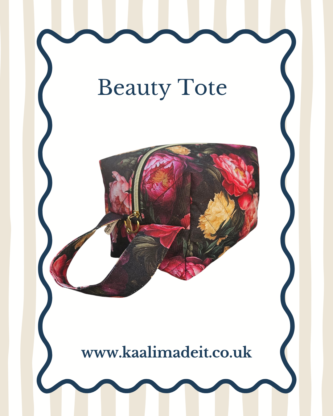 A floral beauty tote bag with a dark background and pink, red, and yellow flower peony print, shown inside a decorative white frame with the text 