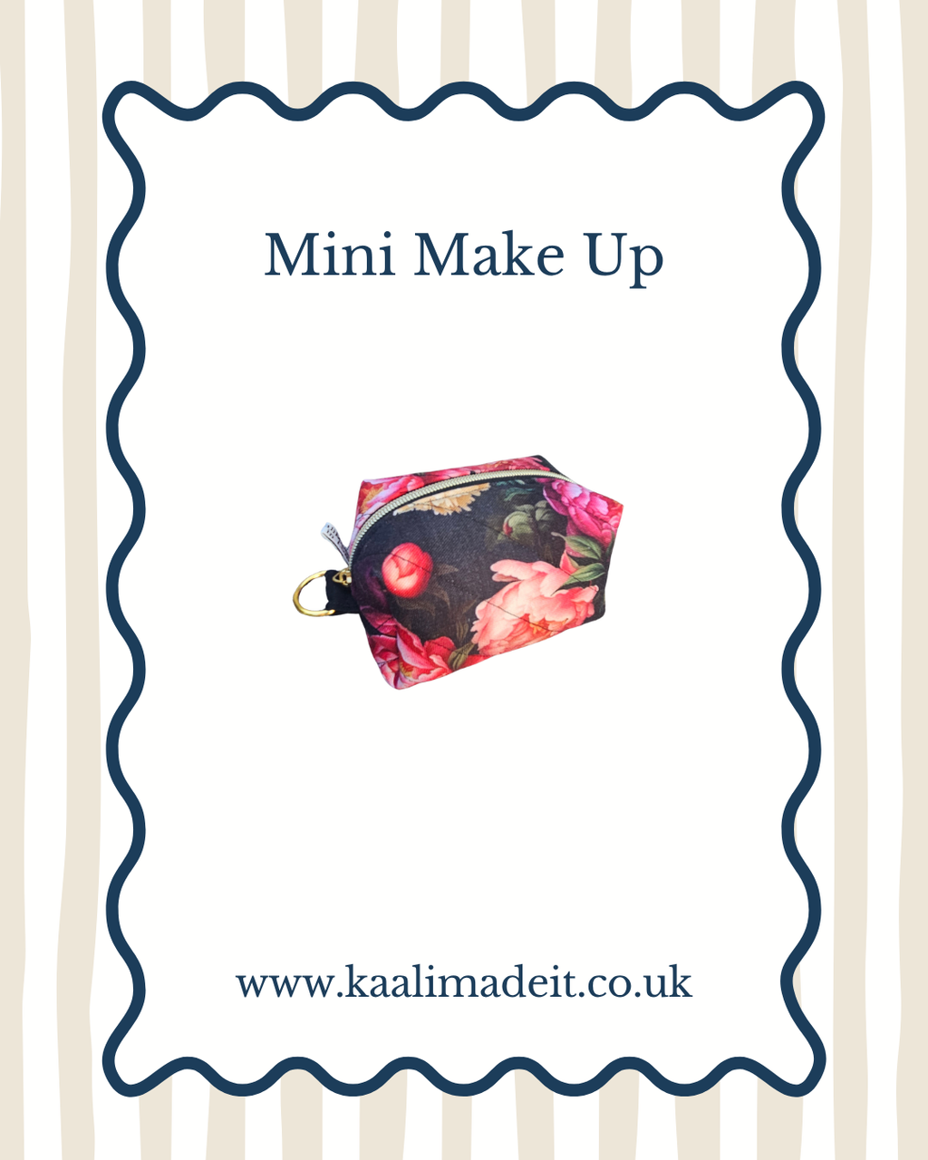 A small floral makeup pouch with a gold zipper pull and a small red apple charm, centered on a white card with a navy wavy border. The card reads 'Mini Make Up' at the top and 'www.